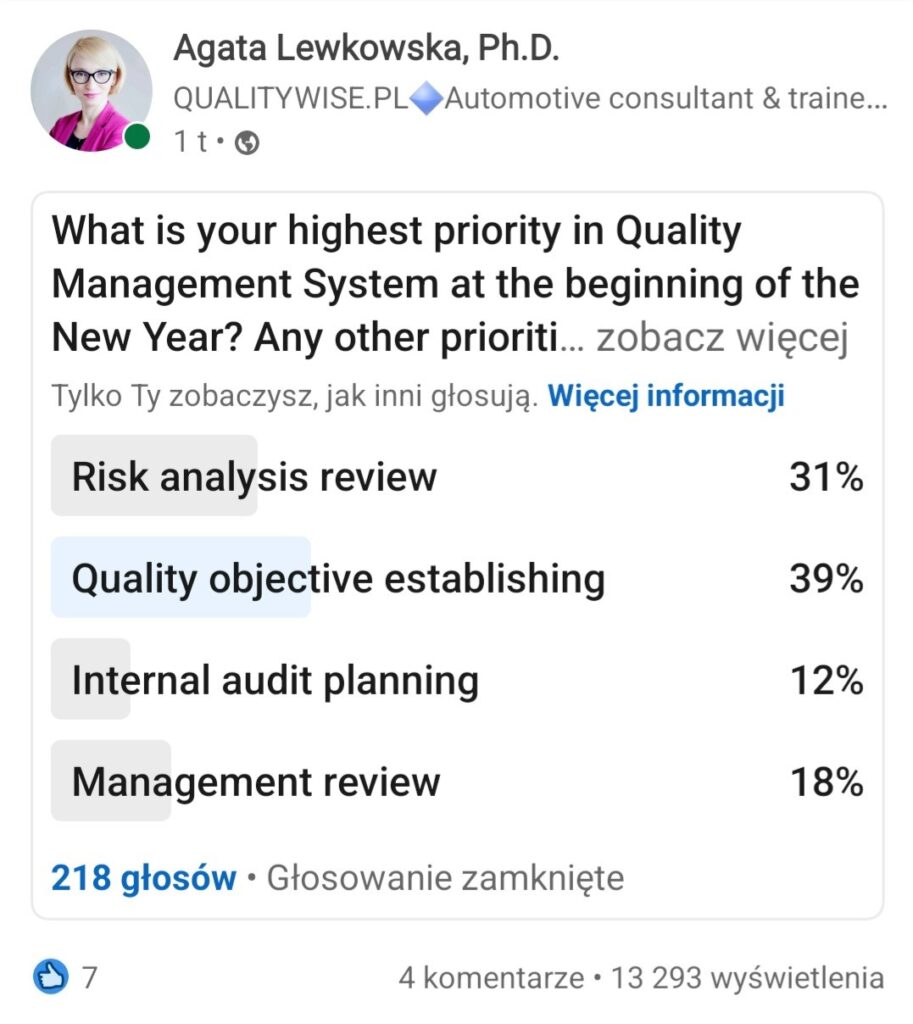 Qualitywise.pl, Agata Lewkowska, Balanced scorecard, QMS, Quality objectives, Risk analysis, internal audits planning, management review