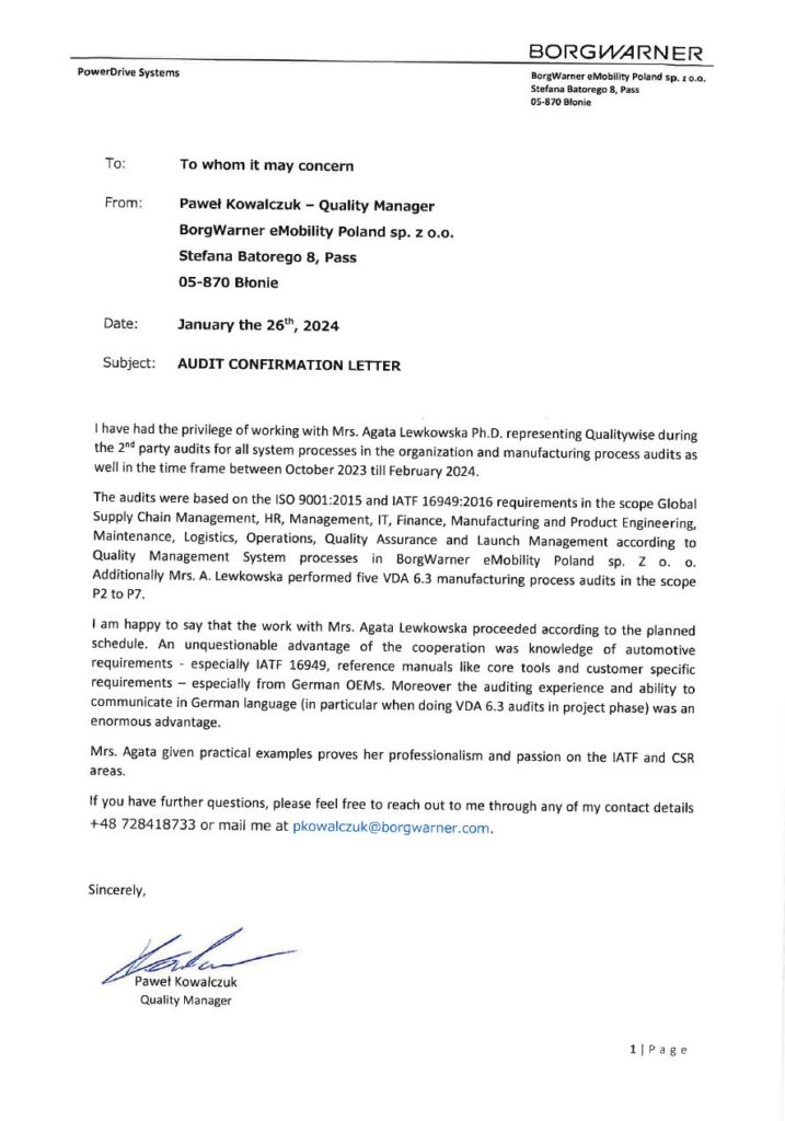 Auditing references from Borg Warner for Qualitywise.pl, Agata Lewkowska Ph.D.