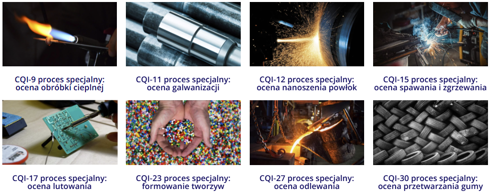 CQI procesy specjalne, szkolenia Qualitywise.pl, CQI-9 – obróbka cieplna
CQI-11 – powłoki galwaniczne
CQI-12 – powłoki konwersyjne i lakierowanie
CQI-15 – spawanie
CQI-17 – lutowanie w elektronice
CQI-23 – formowanie tworzyw
CQI-27 – odlewnictwo
CQI-30 – mieszanie i formowanie gumy
